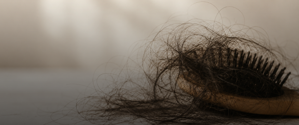 Wooden hairbrush with a large clump of shed dark hair caught in the bristles