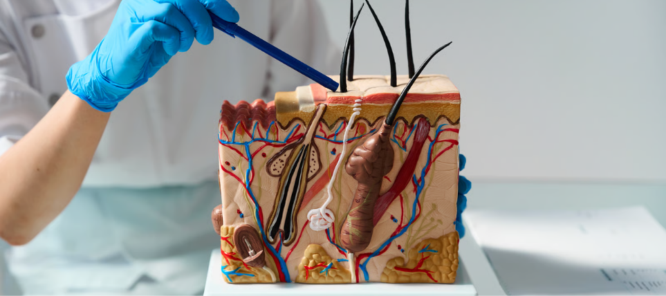 Gloved hands pointing to a 3D anatomical cross-section model of skin and hair follicles
