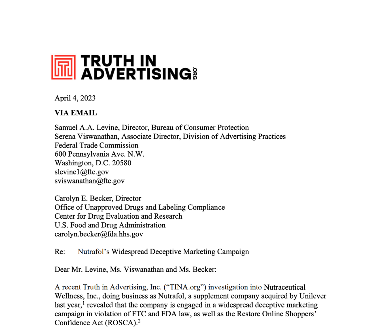 First page of Truth in Advertising's April 4, 2023 letter to the FTC and FDA regarding Nutrafol's marketing campaign