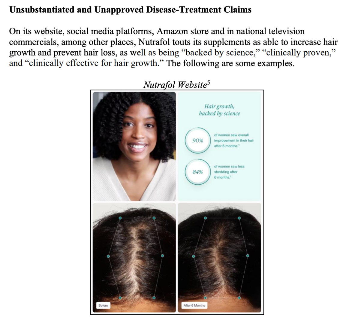 Page from the TINA.org complaint titled Unsubstantiated and Unapproved Disease-Treatment Claims, showing a Nutrafol website screenshot