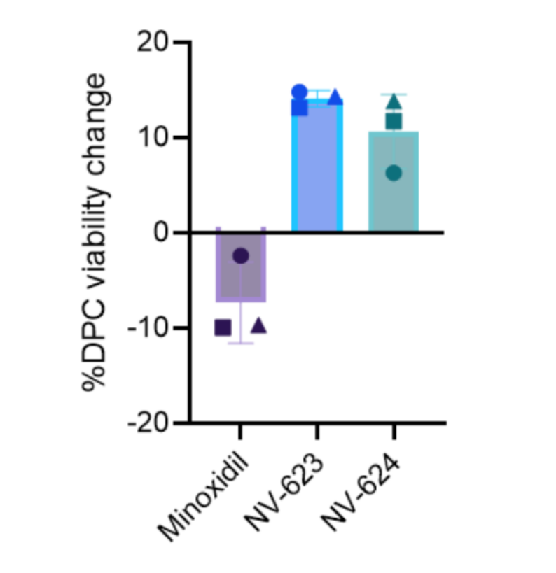 Bar chart of dermal papilla cell viability change: minoxidil slightly negative, NV-623 and NV-624 positive