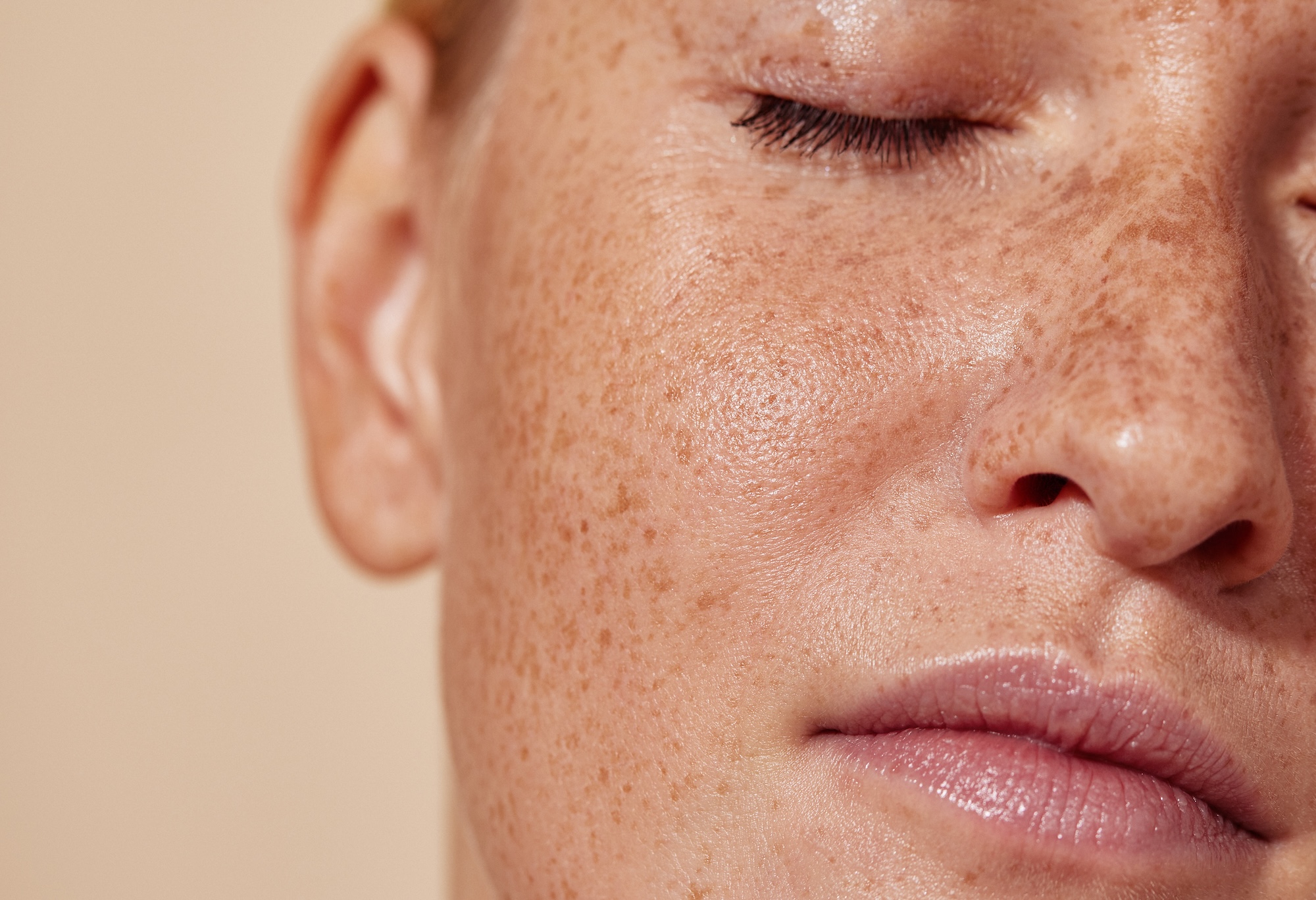 Close-up of facial skin texture showing fine lines and skin surface detail