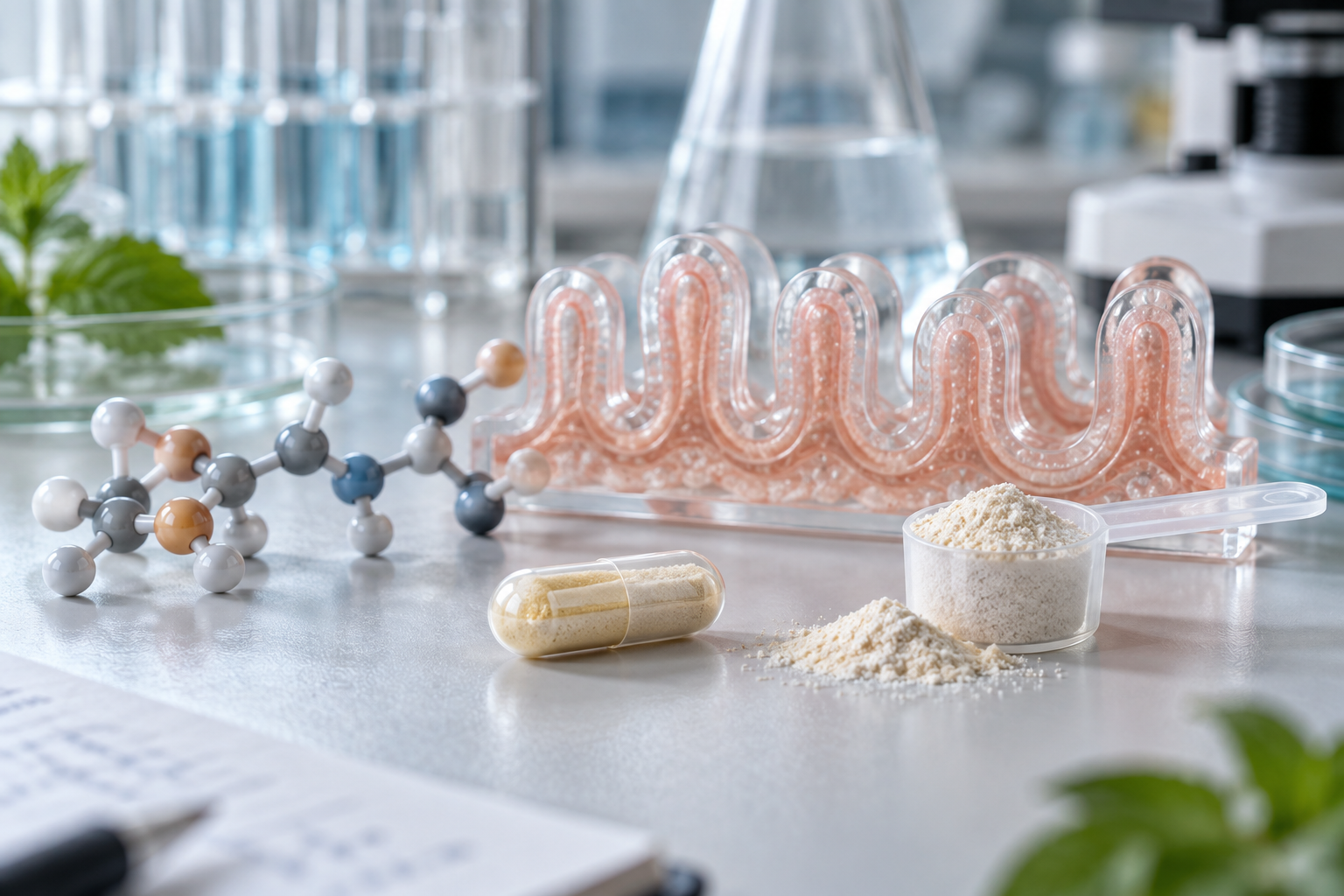 Capsule and powder beside an abstract model of the intestinal barrier
