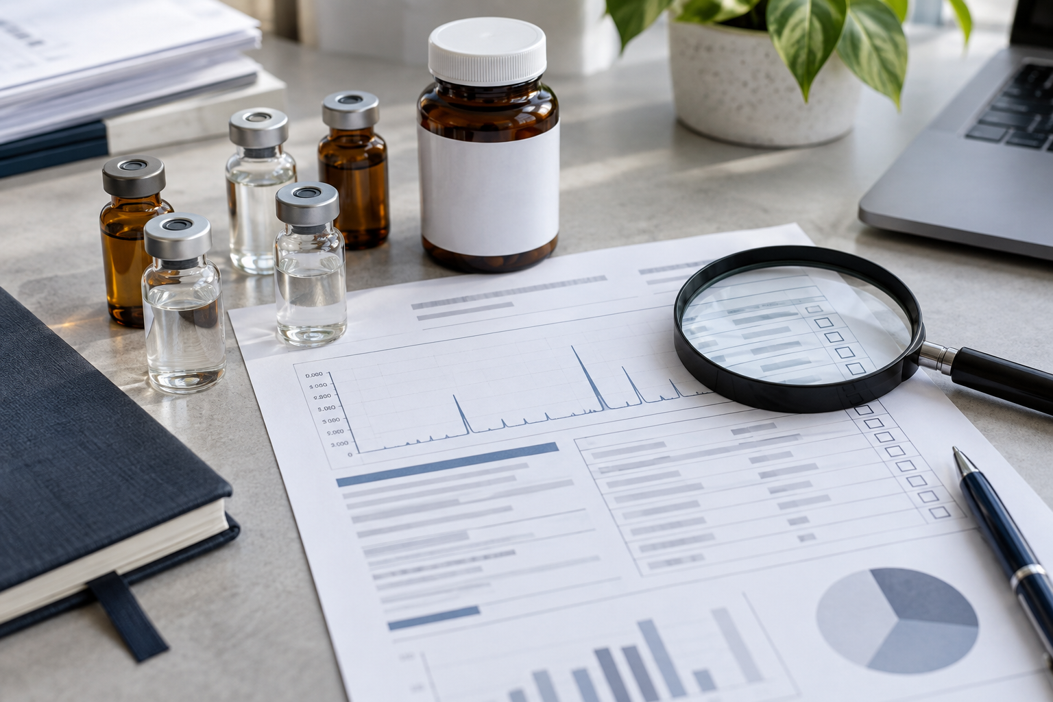 Unbranded peptide products, laboratory paperwork, and a magnifying glass